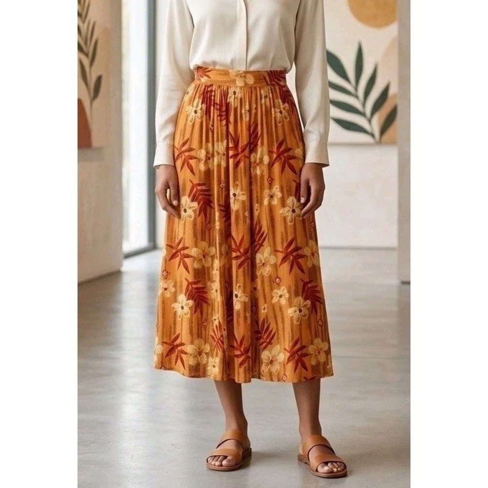 Adini Skirt Womens Sz 2X Orange Floral SummerElastic Waistband Lined Rayon NWT